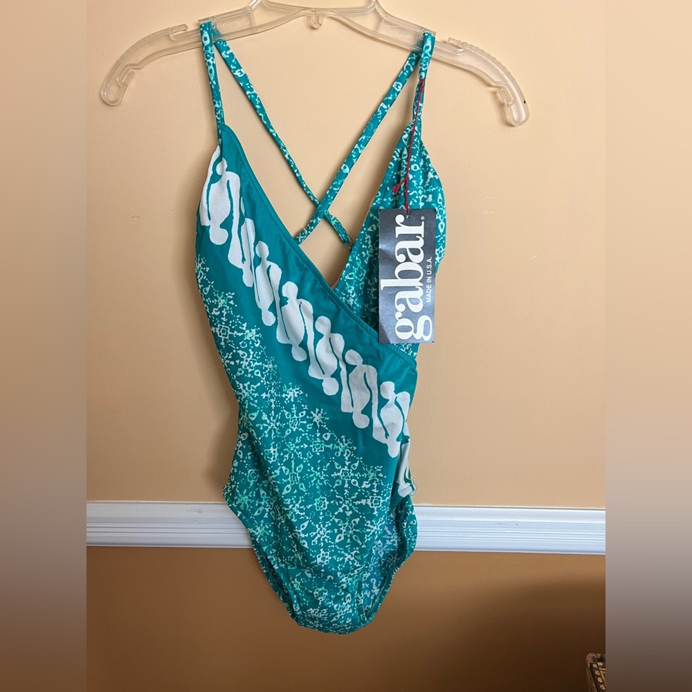 Vintage one piece V neck bathing suit by Gabar made in USA size14 NWT blue/green